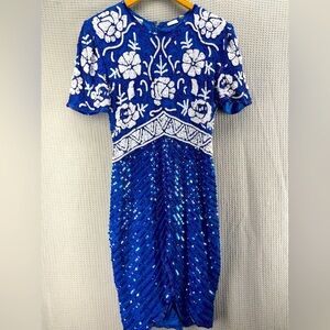 Stunning Vtg Swee Lo Blue/White Midi 100% Silk Beaded Sequin Dress Small Gatsby